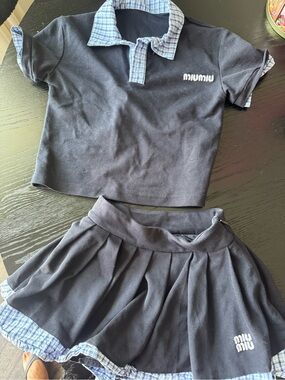 Miu Miu Black Girls Pleated Skirt and Polo Top Set with Blue Trim